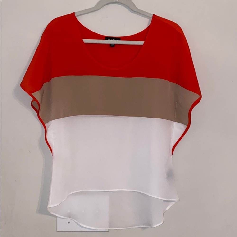 BeBe Orange, tan & white sheer top sz. xxs